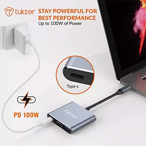 Image of Tukzer 3-in-1 USB Type C to HDMI Adapter 4K@30Hz, 100W PD Fast Charging Port, USB A 3.0 @5Gbps Speed
