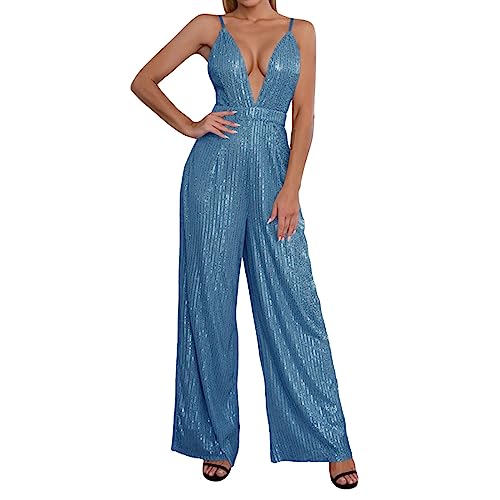 Mono de mujer largo de pierna ancha, mono con lentejuelas brillantes, cuello en V profundo, talla única, tirantes delgados, pelele sin espalda para cóctel, una pieza festiva, vestidos de noche para