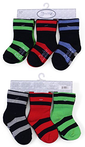 Frenchie Mini Couture 6 pack: Boys multi stripe socks - baby infant toddler. 85% cotton! 0-3 months.