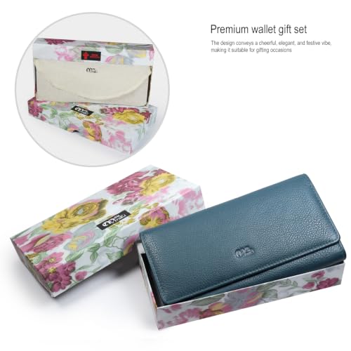 Image of Women's Top Grain Leather Wallet, RFID Blocking Bifold clutch, 17 Card Slots, Zip Pocket Organizer, Elegant Gift for Women - Birthday, Valentine, Anniversary - TEAL BLUE