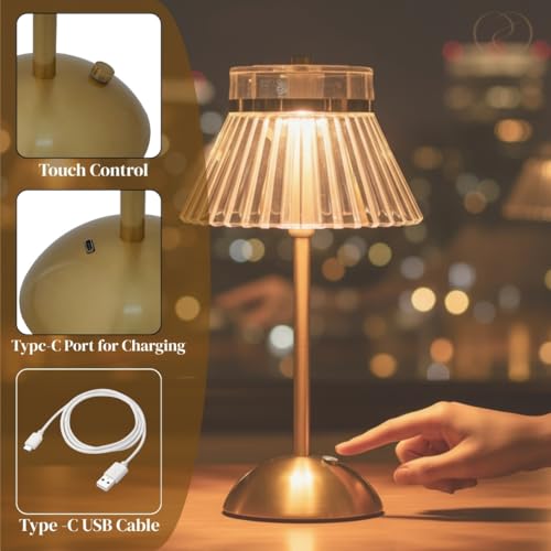 Image of ELARE Premium Rechargeable LED Table Lamp with Touch Control, Gold Finish Base Decorative Bedside & Gift Lamp