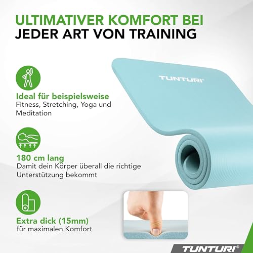 Tunturi Dicke NBRmatte 15mm - Rutschfest Gymnastikmatte - Mit Tragetasche - Für Yoga und Pilates - Sportmatte 180x60x1,5cm -Schadstofffrij - Besonders komfortabel - Hellblau
