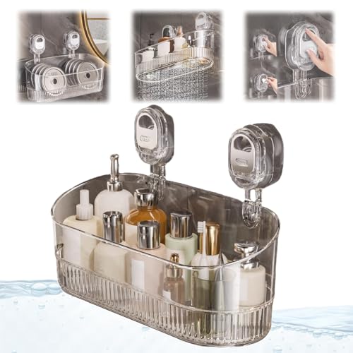 LPFKYT No-Drill Bathroom Suction Storage Box Large Capacity & Strong Load-Bearing Powerful Suction Cup Storage Basket Removable Hanging Shower Wall Shelf Organizer with Drain Hole (Transparent)