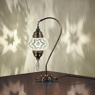 DEMMEX Turkish Moroccan Mosaic Table Lamp–Handcrafted Tiffany-Style Colorful Glass Swan Neck Bedside, Desk Light, Boho Artisan Accent Lighting for Bedroom, Living Room–38cm H, White-Clear