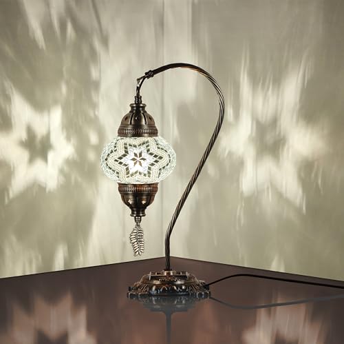 DEMMEX Turkish Moroccan Mosaic Table Lamp–Handcrafted Tiffany-Style Colorful Glass Swan Neck Bedside, Desk Light, Boho Artisan Accent Lighting for Bedroom, Living Room–38cm H, White-Clear