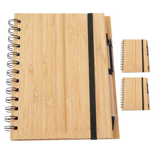 TOVINANNA Cuaderno Espiral de Bambú 3 Piezas con Tapa de Piel de Bambú, 70 Páginas Rayadas, Incluye 3 Bolígrafos, Bloc de Notas para Oficina, Escuela y Universidad, Cuaderno para Tomar