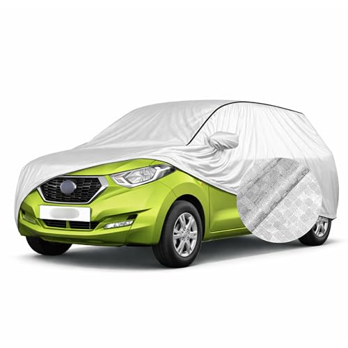 Image of SEAZEN Waterproof Car Cover for Datsun Redi Go | Dustproof, UV & Scratch Resistant Soft Cotton Lining | Triple Stitched, Mirror Pockets & Elastic Hem | Metallic Silver with Black Piping