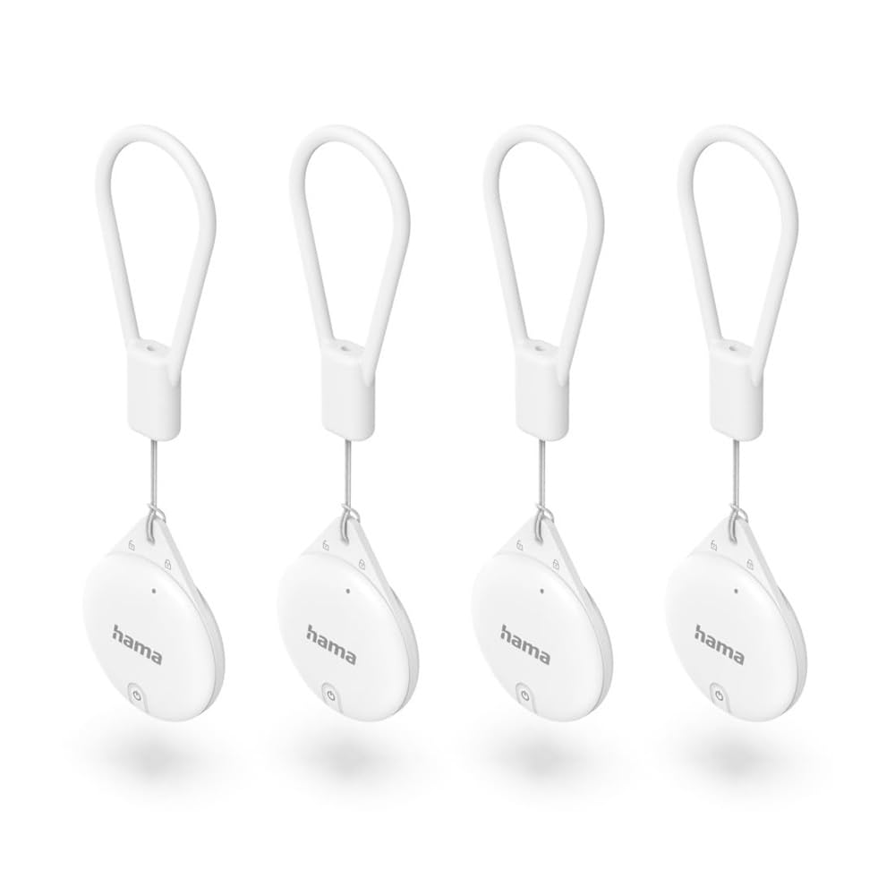 Hama Key Finder for Apple Where is App, 4 Pieces (Key Finder with Bluetooth, Alarm, Mobile Phone Key Finder for Keys, Wallet, Luggage, Animals, iOS, iPhone, iPod, iPad, Changeable Button Cell) White
