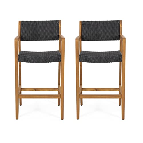 Christopher Knight Home Bridget Outdoor Acacia Wood Barstools with Wicker (Set of 2), Teak and Black