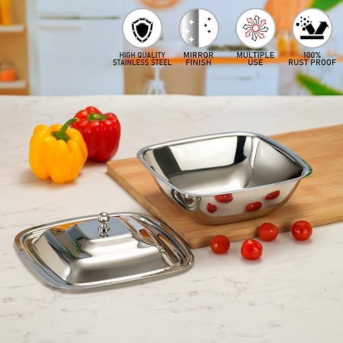 Image of Sumeet Stainless Steel Square Serving Bowl /Curry Bowl /Gravy Pot with Lid, 1250ml Capacity, 18.8cm Dia, Silver