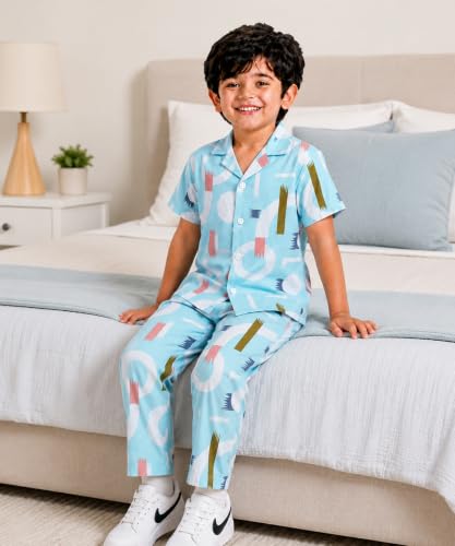 Image of 3BROS Unisex Pure Cotton Short Sleeve Kids Night Dress for Boys & Girls Nightwear /Sleepsuit /Sleepwear /Loungewear Night Suit for Boys and Girls Top and Pyjama Combo Set