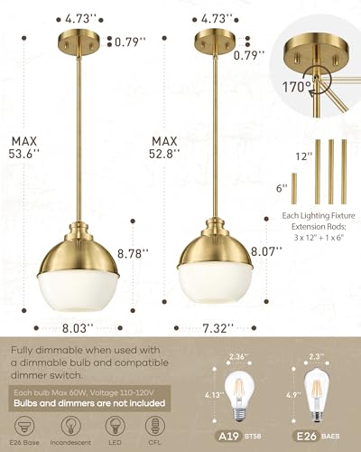 Image of Beionxii Gold Globe Pendant Lights Kitchen Island, Milk Glass Pendant Light