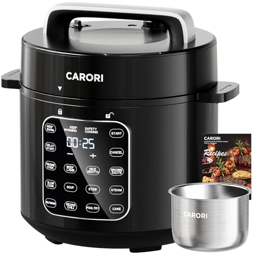 Image of CARORI 9-in-1 Electric Pressure Cooker 6 Quart Black, Stainless Steel Pot, 12 Preset Functions with Touchscreen, Safe Steam Release, Stew, Slow Cook, Rice, Sauté, Warmer