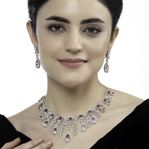 Image of ZENEME Rhodium-Plated Silver-Toned Emerald-Cut American Diamond Floral Link Necklace Set with Pear Drop Earrings for Women & Girls