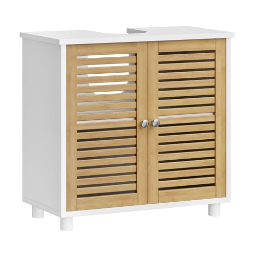 FORABAMB Waschbeckenunterschrank, Badezimmerschrank mit Bambustüren, Badezimmer unterschrank waschbecken mit viel Stauraum, höhenverstellbare Ablage,Freistehend badschrank,30 x 60 x 60 cm, Weiß
