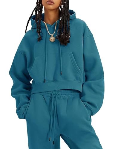 Flygo Womens Fleece 2 Piece Outfits Sweatsuit Crop Pullover Sweatshirt Joggers Pants Tracksuit Set