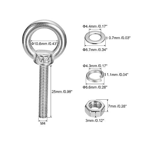 Image of uxcell 2 Sets M4x25mm Stainless Steel Eye Bolts with Nut Washers and Lifting Rings for Hanging Items