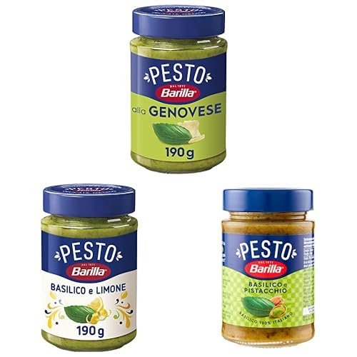 Barilla, Pesto alla Genovese con Basilico Fresco Italiano 190g + Pesto con Basilico e Limone 190g + Pesto Basilico e Pistacchio 190g, Senza Glutine, Sughi Pronti Per Pasta