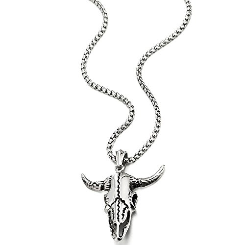 COOLSTEELANDBEYOND Stainless Steel Vintage Goat Bull Skull Pendant Necklace for Man, 30 inches Chain, Gothic Tribal2