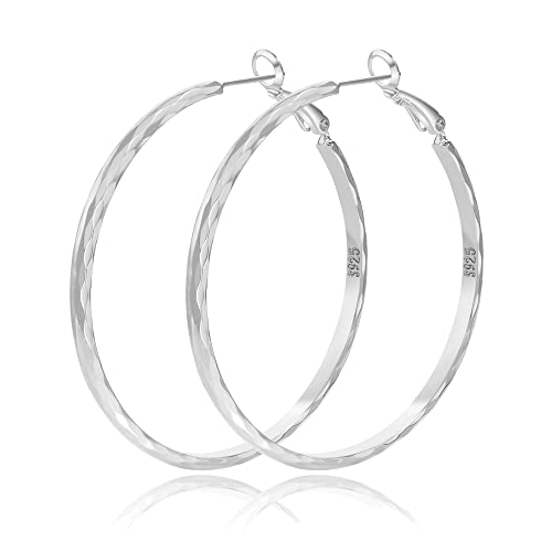 Sterling Silver Hoop Earrings - Diamond-Cut Circle Hoops, Hypoallergenic, 3mm Thin, Oversize 20/30/40/50/60mm