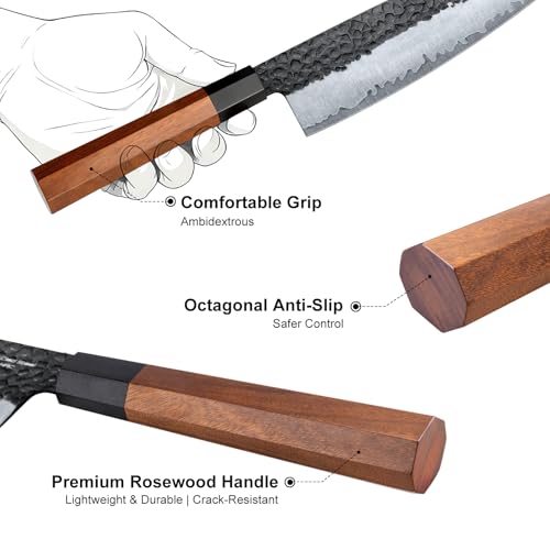 Image of FAMCUTE 8'' Japanese Knife, Hand-Forged Chef Knife with 5-Layer 9CR18MOV HC Steel and Ultra Sharp Non-Slip Rosewood Handle Kitchen Knife, Gift for People Who Love to Cook in Sandalwood Box