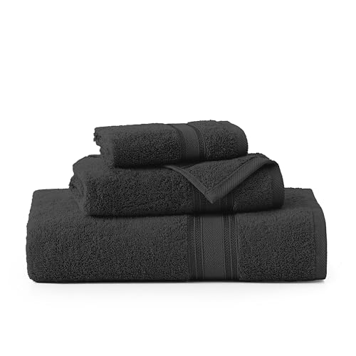 Image of LANE LINEN Luxury Towels Set - 3 Piece Set, 100% Cotton Bathroom Towels, Zero Twist, Quick Dry Shower Towels, Absorbent Bath Towel, Super Soft, 1 Bath Towel, 1 Hand Towel, 1 Wash Cloths - Black