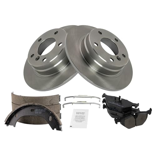 Image of TRQ Rear Brake Pad and Rotor Set Semi Metallic Parking Shoe Compatible with 1992 BMW 318i 325i