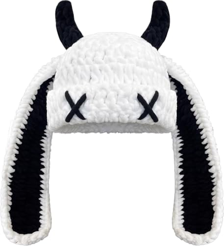 Hshsclth Bunny Chunky Beanie with Devil Horns Chenille Crochet Hat with Long Floppy Ears Cute Goth Rabbit Winter Skull Cap (US Alpha One Size White)