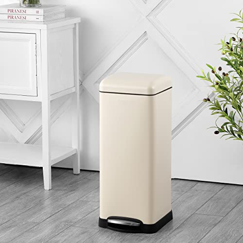 Image of happimess HPM1007F Betty Retro 8-Gallon Step-Open Trash Can with Soft-Close Lid, Fingerprint Resistant, Modern, Minimalistic for Home, Kitchen, Laundry Room, Office, Bedroom, Bathroom, Almond