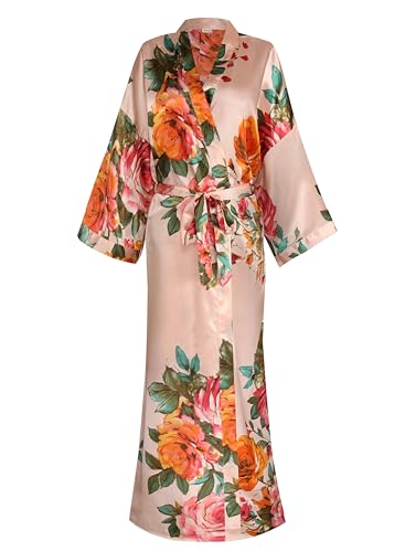 Image of Women Silk Kimono Robe Long Floral Bridesmaids Robes Satin | Wedding Party Bridal Getting Ready Robe Lightweight Dressing Gown Loungewear Sleepwear