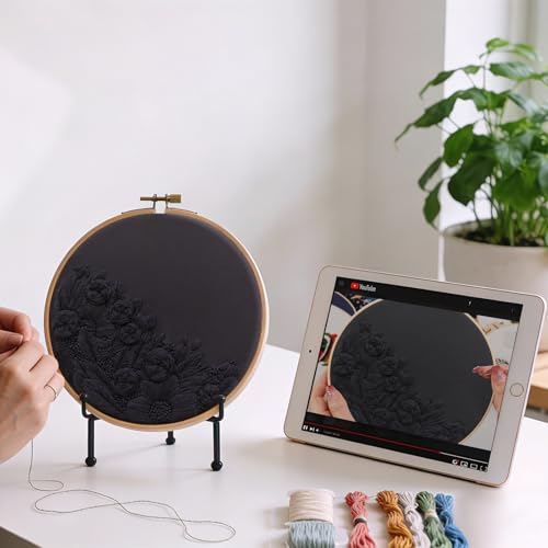 Image of Armindou Black Flowers Embroidery Kits for Beginners Adults, Floral Hand Embroidery Set Needlepoint DIY Kit, Stamped Cross Stitch Kits for Beginners Adult, 2 Embroidery Hoops (Attached Video Tutorial)