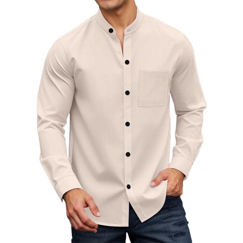 Cexiakong Camisa de manga larga para hombre, camisa de gofre con solapa y botones, camisa de ocio, corte regular, transpirable, cárdigan de negocios, camiseta ligera y cómoda, camiseta de playa de