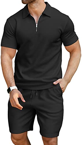 Kuyigo Men's Polo Shirt And Shorts Set Summer Beach Outfits Fashion Casual Short Sleeve Polo Suit For Men 2 Piece Shorts Tracksuit Black Large #TOP1