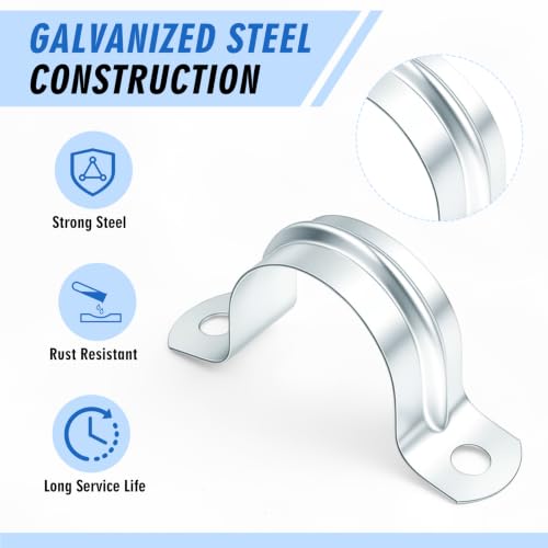 Image of Yaocom 100 Pcs 1 inch Opening Pipe Strap, Galvanized Steel Conduit Clamp | U Bracket 2 Hole Mount for Pipe Fixing on Surfaces, Corrosion Resistant for Wall Ceiling, Heavy Duty Rigid Clamp Support