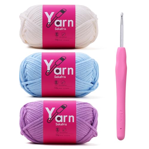 Image of Crochet Yarn 150g /163.5yds Cotton Yarn for Crocheting - Crochet Knitting Yarn for Beginners with Easy-to-See Stitches - Yarn for Crocheting - Chunky Yarn Cotton (Pale Purple+White+Pale Blue)