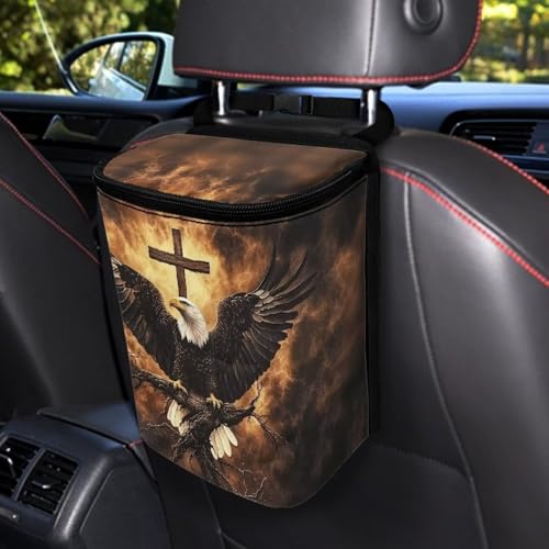 Image of Talayituse Eagle Cross Fire Print Car Trash Can with Adjustable Straps, Zip Closure Car Trash Bag Bin Auto Garbage Bag Multipurpose Storage Box for Vehicle Travel Camping Picnicing