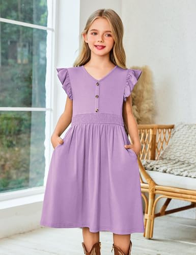 Arshiner Girls Dresses Ruffle Sleeve A-Line V-Neck Sundress Summer Swing Midi Dress with Pockets2