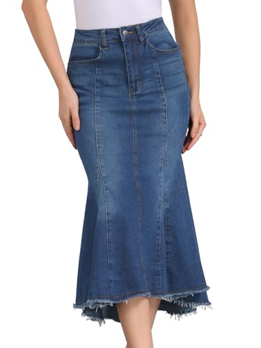 Allegra K Women's Washed Fishtail Denim Skirt High Waist Raw Hem Fashion Casual Midi Jean Skirts with Pockets