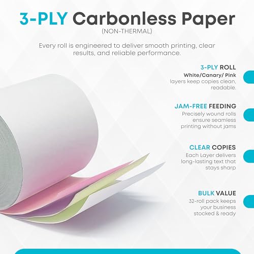 Image of (32 Rolls) Kitchen Printer Paper White /Canary /Pink Carbonless 3 inch x 65 Feet