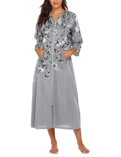 Image of Ekouaer Robes for Women Zipper Robe 3 /4 Sleeves Housecoat with Pockets