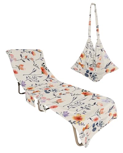 Spring Floral Beach Lounge Chair Towel Cover, Soft Chaise Lounge Towel with Side Pockets Patio Pool Chairs Cover for Beach/Pool Sunbathing 29x85 Farmhouse Watercolor Summer Botanical