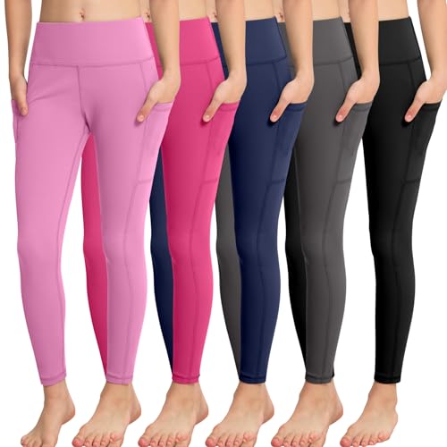 CHRLEISURE Girls' Athletic Leggings with Pockets, 5 Packs Kids Teen Dance Yoga Workout Running Pants for 8-9 Years(BlackGrayNavyRoseAPink, M)