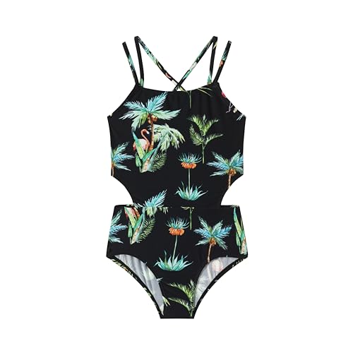 Image of LIZENS Girls' One Piece Leopard Swimwear Cut Out Spaghetti Straps Swimsuit Floral Beach Bathing Suit for Girls Toddler Kids