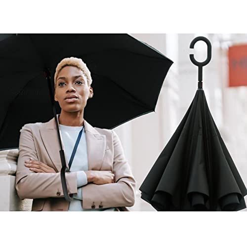Image of MRTLLOA 40 /49 /56 Inch Oversize Windproof Inverted Reverse Upside Down Umbrella, Golf Size Rain Umbrella, Double Layer, C-Shaped Handle for Men, Women and Kids (Black&Red-2 Pack, 49 Inch)