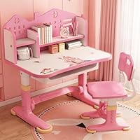 Kids Desk and Chair Set, Height Adjustable Childrens Desk and Chair Set, Ergonomic Desk Chair with Castle Backboard, Widened Desktop, Bookstand and Storage Drawer, Pink