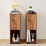 Narrow Nightstand Set of 2, Wooden Small 2 Drawer Nightstand, Slim Side End Table, Skinny Bedside Table, Mid Century Modern Night Stand with Drawers, for Bedroom (Walnut-2pcs)