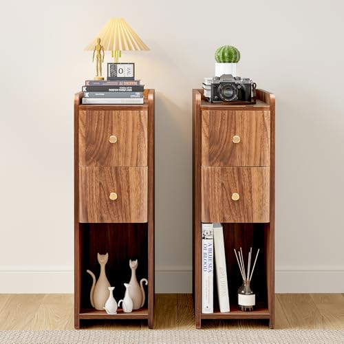 Narrow Nightstand Set of 2 Wooden Small 2 Drawer Nightstand Slim Side End Table Skinny Bedside Table Mid Century Modern Night Stand with Drawers for Bedroom (Walnut-2pcs)