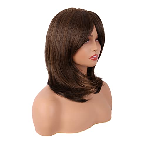 MapofBeauty 18 Inch/45 cm Layered Bangs Straight Synthetic Fiber Shoulder Length Hair Daily Use Wig (Brown) - Image 2