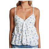 Women Y2K Floral Babydoll Top Sleeveless Spaghetti Strap Ruffle Tank Top Summer Cute Flower Print Peplum Cami Vest White Blue