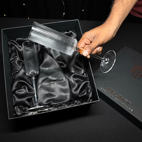 Image of Melbify Ribbed Champagne Flutes Glasses Gift Set | 200 ML | Set of 2 | Elegant Gift Box |Ultra-Premium | Red & White Wine & Champagne Glass | Ideal for Wedding,Couple,Anniversary Set